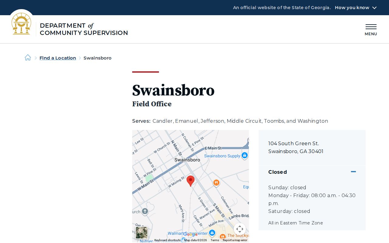 Candler County parole and probation DCS Swainsboro Field Office page